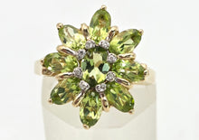 Cargar imagen en el visor de la galería, 2298 Vintage: 9ct Gold Peridots Natural Diamonds Floral Cluster Ring
