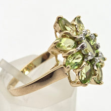 Cargar imagen en el visor de la galería, 2298 Vintage: 9ct Gold Peridots Natural Diamonds Floral Cluster Ring

