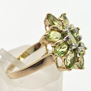 2298 Vintage: 9ct Gold Peridots Natural Diamonds Floral Cluster Ring