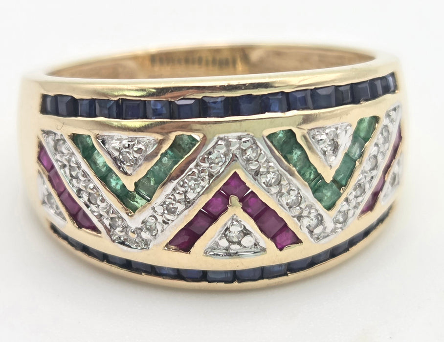 6469: Vintage: 9ct Gold Precious Gemstones Greek Key Pattern Dress Ring