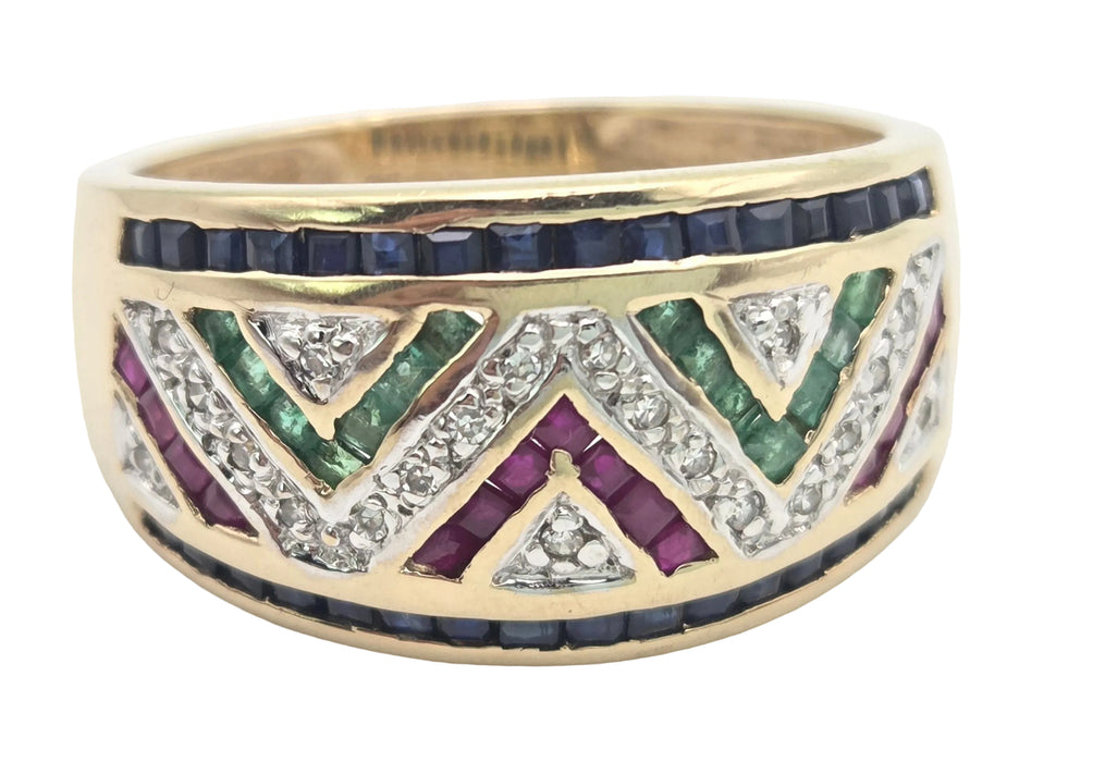 6469: Vintage: 9ct Gold Precious Gemstones Greek Key Pattern Dress Ring
