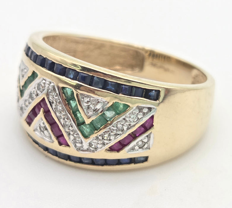 6469: Vintage: 9ct Gold Precious Gemstones Greek Key Pattern Dress Ring