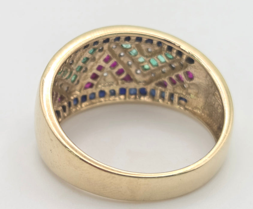 6469: Vintage: 9ct Gold Precious Gemstones Greek Key Pattern Dress Ring