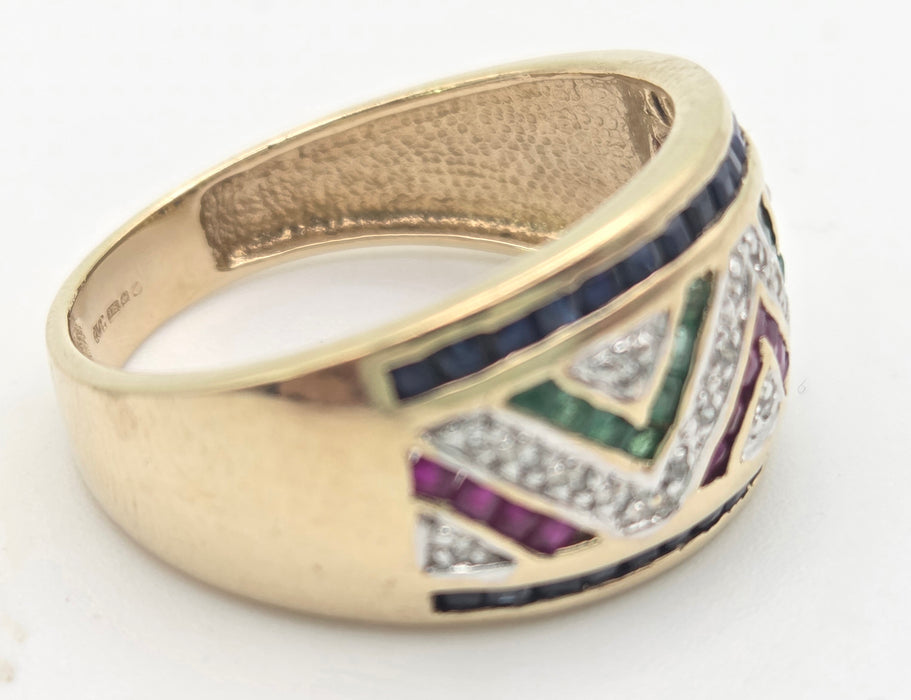 6469: Vintage: 9ct Gold Precious Gemstones Greek Key Pattern Dress Ring