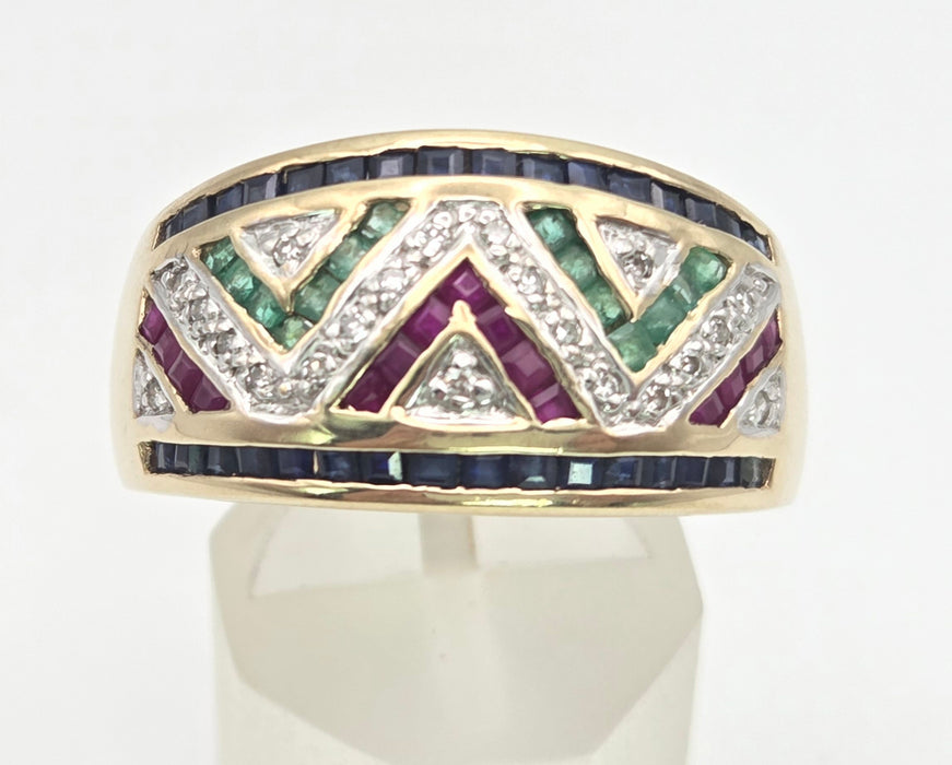 6469: Vintage: 9ct Gold Precious Gemstones Greek Key Pattern Dress Ring