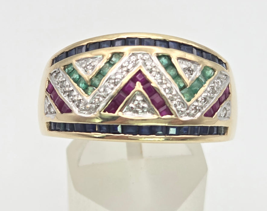 6469: Vintage: 9ct Gold Precious Gemstones Greek Key Pattern Dress Ring