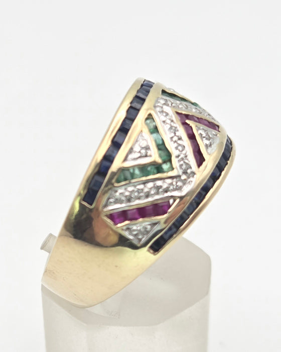 6469: Vintage: 9ct Gold Precious Gemstones Greek Key Pattern Dress Ring
