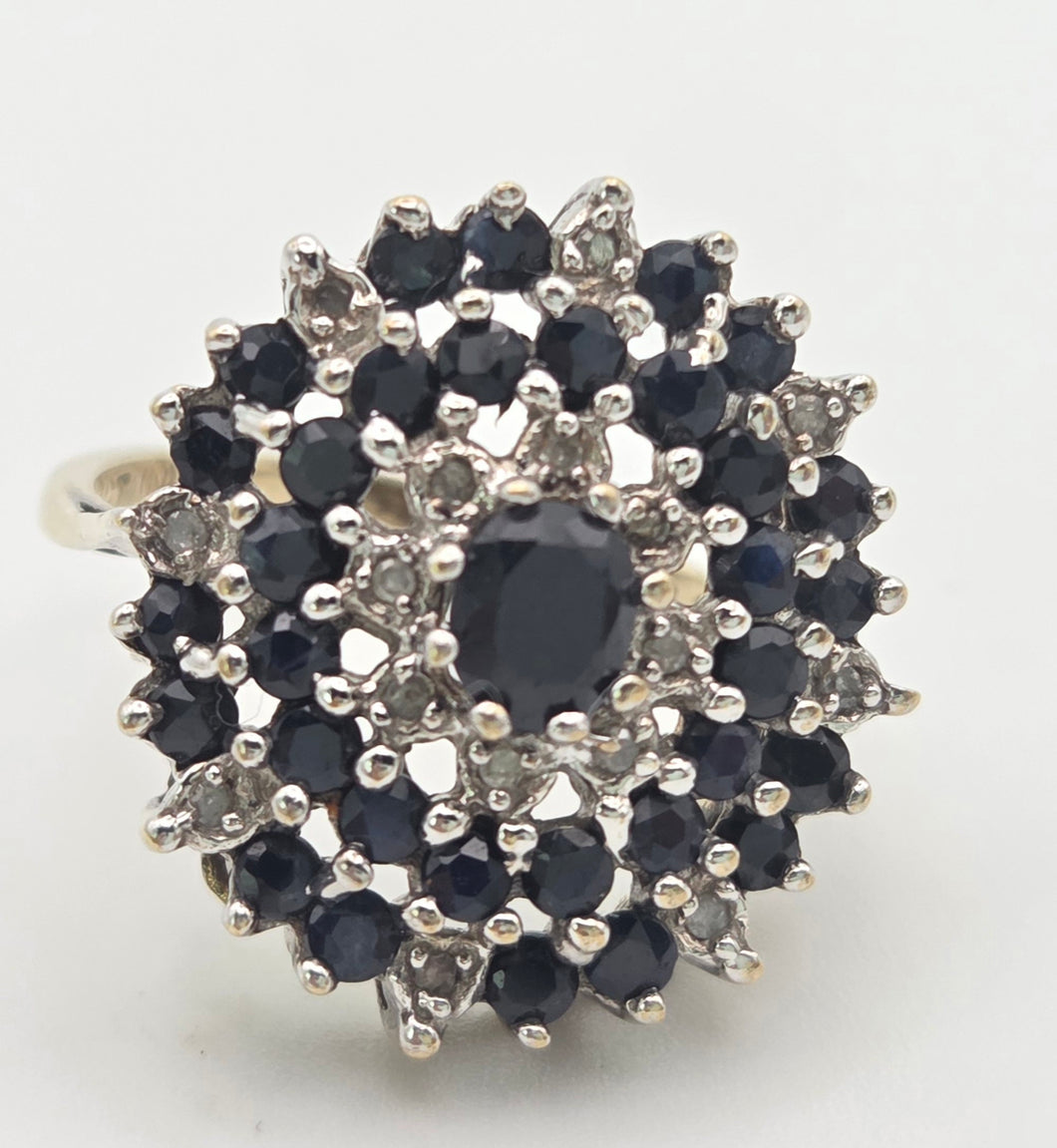 Vintage Statement 30 Blue Sapphires Diamonds Cocktail Cluster Ring