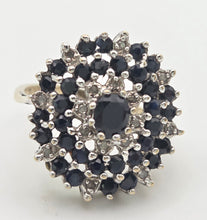 Load image into Gallery viewer, Vintage Statement 30 Blue Sapphires Diamonds Cocktail Cluster Ring
