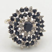Load image into Gallery viewer, Vintage Statement 30 Blue Sapphires Diamonds Cocktail Cluster Ring
