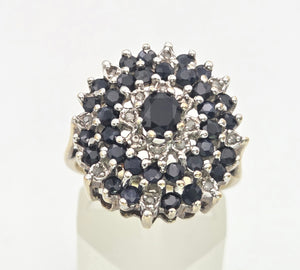 Vintage Statement 30 Blue Sapphires Diamonds Cocktail Cluster Ring