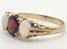 Cargar imagen en el visor de la galería, 2275 Vintage: 9ct Gold Cabochon White Opals Garnet 3-Stone Ring- From 1980
