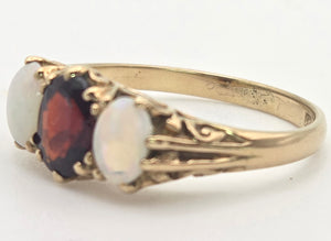 2275 Vintage: 9ct Gold Cabochon White Opals Garnet 3-Stone Ring- From 1980