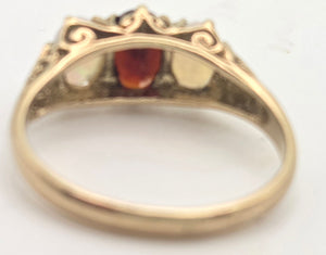 2275 Vintage: 9ct Gold Cabochon White Opals Garnet 3-Stone Ring- From 1980