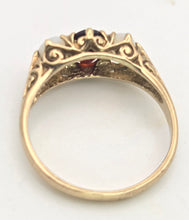 Cargar imagen en el visor de la galería, 2275 Vintage: 9ct Gold Cabochon White Opals Garnet 3-Stone Ring- From 1980
