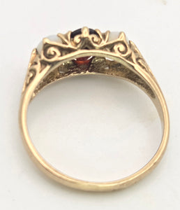 2275 Vintage: 9ct Gold Cabochon White Opals Garnet 3-Stone Ring- From 1980