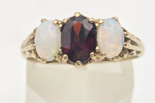 Cargar imagen en el visor de la galería, 2275 Vintage: 9ct Gold Cabochon White Opals Garnet 3-Stone Ring- From 1980
