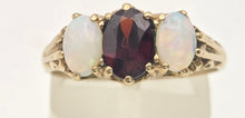 Cargar imagen en el visor de la galería, 2275 Vintage: 9ct Gold Cabochon White Opals Garnet 3-Stone Ring- From 1980
