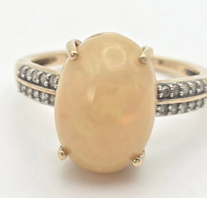 2270 Vintage: 9ct Gold Oval cabochon White Opal 20 Natural Diamonds Cocktail Ring