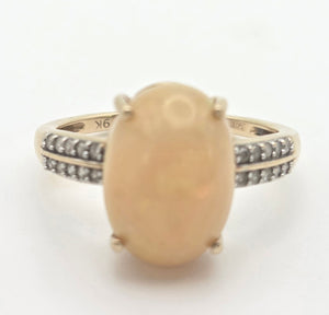 2270 Vintage: 9ct Gold Oval cabochon White Opal 20 Natural Diamonds Cocktail Ring