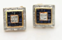Load image into Gallery viewer, 1689 Vintage: 9ct Gold Blue Sapphires Princess Cut Diamonds Stud Earrings
