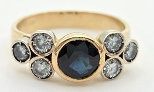 Vintage; 18ct Gold Blue Sapphire Natural Diamonds (0.68ct) Trefoil Set ring