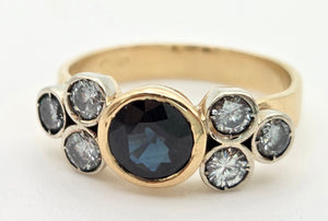 Vintage; 18ct Gold Blue Sapphire Natural Diamonds (0.68ct) Trefoil Set ring
