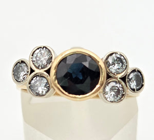 Vintage; 18ct Gold Blue Sapphire Natural Diamonds (0.68ct) Trefoil Set ring