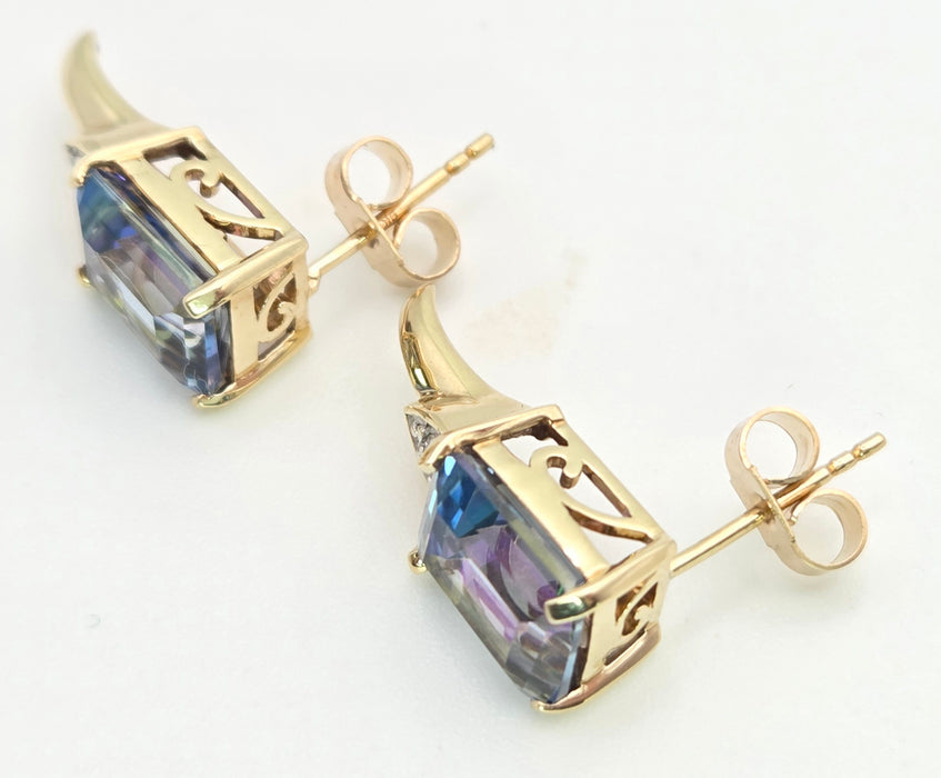 6451 Vintage: 9ct Gold Mystic Topaz Natural Diamonds Stud Earrings