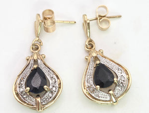 2065: Vintage: 9ct Gold Pear-Cut Blue Sapphires & Diamonds Drop/Dangle Stud Earrings