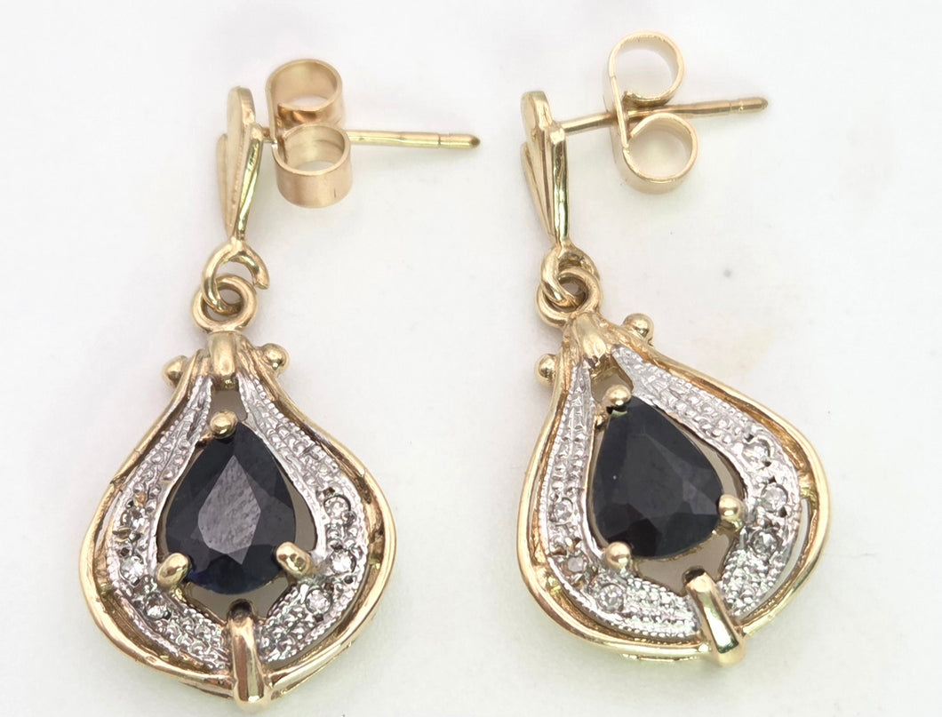 2065: Vintage: 9ct Gold Pear-Cut Blue Sapphires & Diamonds Drop/Dangle Stud Earrings