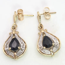 Load image into Gallery viewer, 2065: Vintage: 9ct Gold Pear-Cut Blue Sapphires &amp; Diamonds Drop/Dangle Stud Earrings
