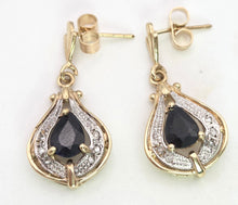 Load image into Gallery viewer, 2065: Vintage: 9ct Gold Pear-Cut Blue Sapphires &amp; Diamonds Drop/Dangle Stud Earrings
