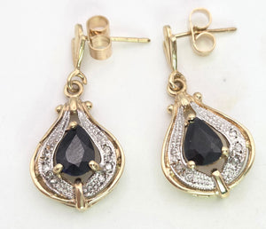 2065: Vintage: 9ct Gold Pear-Cut Blue Sapphires & Diamonds Drop/Dangle Stud Earrings