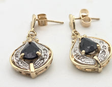Load image into Gallery viewer, 2065: Vintage: 9ct Gold Pear-Cut Blue Sapphires &amp; Diamonds Drop/Dangle Stud Earrings
