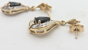 2065: Vintage: 9ct Gold Pear-Cut Blue Sapphires & Diamonds Drop/Dangle Stud Earrings