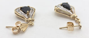 2065: Vintage: 9ct Gold Pear-Cut Blue Sapphires & Diamonds Drop/Dangle Stud Earrings