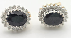 Vintage: 9ct Gold French Blue Sapphires 36 Natural Diamonds Stud Earrings