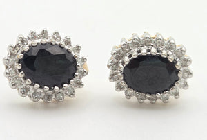 Vintage: 9ct Gold French Blue Sapphires 36 Natural Diamonds Stud Earrings