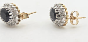 Vintage: 9ct Gold French Blue Sapphires 36 Natural Diamonds Stud Earrings
