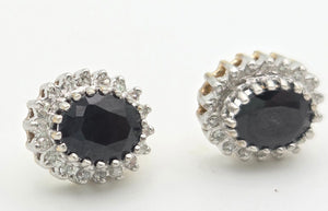 Vintage: 9ct Gold French Blue Sapphires 36 Natural Diamonds Stud Earrings