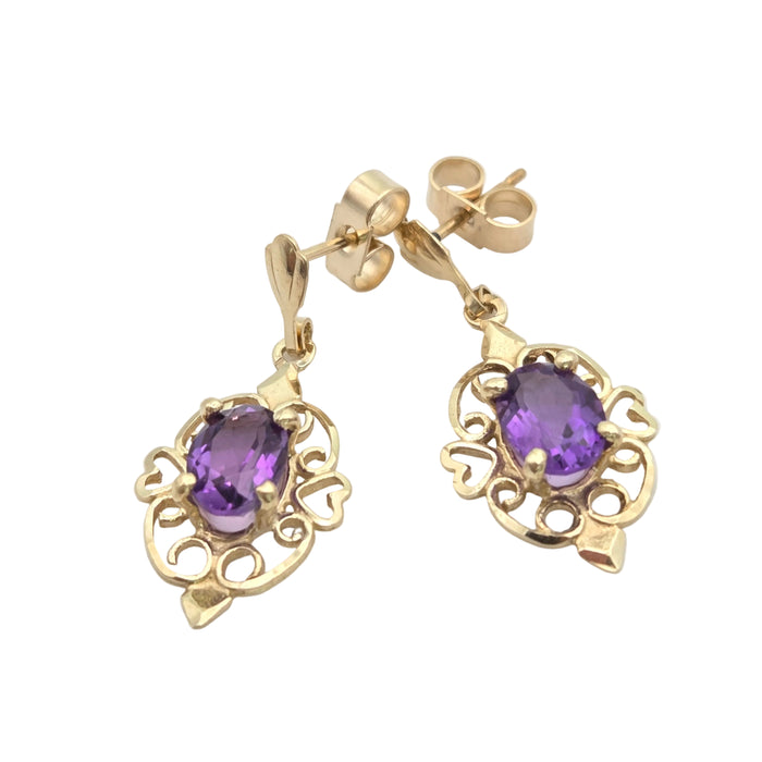 2067 Vintage: 9ct Gold Purple Amethysts Drop/Dangle Stud Earrings