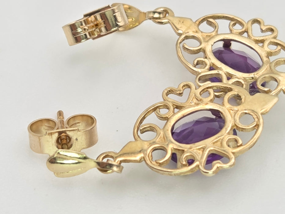 2067 Vintage: 9ct Gold Purple Amethysts Drop/Dangle Stud Earrings