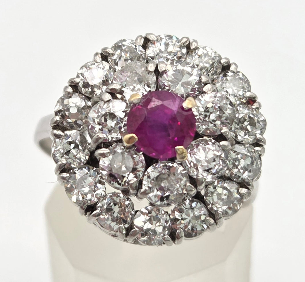 2137 Vintage; 18ct White Gold Ruby Natural Sparkling Diamonds (2.75ct) Cluster Ring- Extraordinary