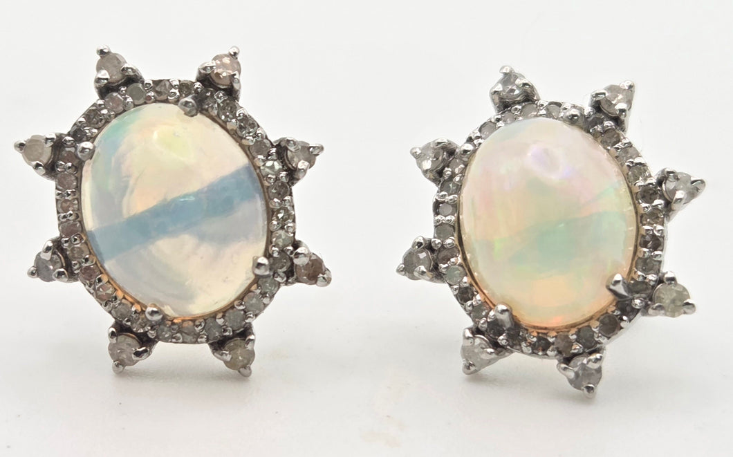 2245 Vintage Silver Two Opals (5.6ct) 76 Natural Diamonds (0.77ct) Stud Earrings