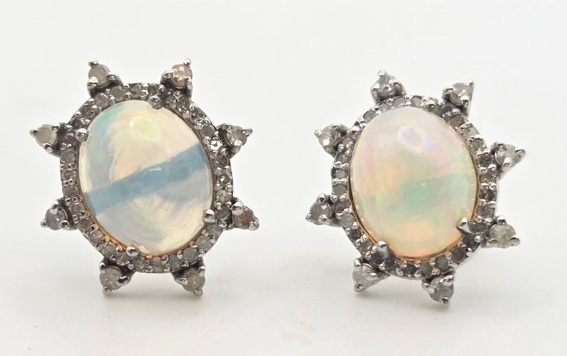 2245 Vintage Silver Two Opals (5.6ct) 76 Natural Diamonds (0.77ct) Stud Earrings