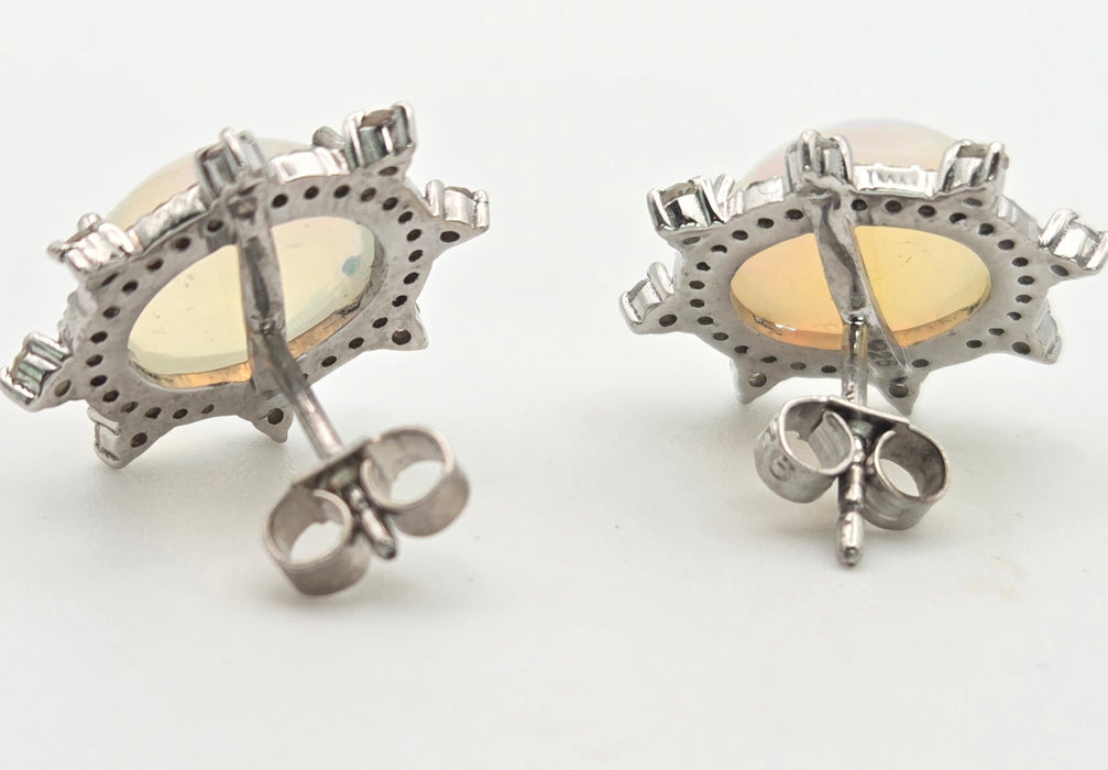 2245 Vintage Silver Two Opals (5.6ct) 76 Natural Diamonds (0.77ct) Stud Earrings