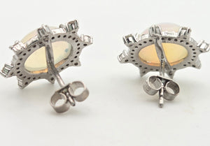 2245 Vintage Silver Two Opals (5.6ct) 76 Natural Diamonds (0.77ct) Stud Earrings