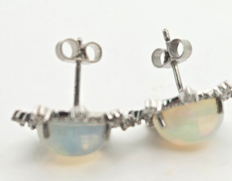 2245 Vintage Silver Two Opals (5.6ct) 76 Natural Diamonds (0.77ct) Stud Earrings