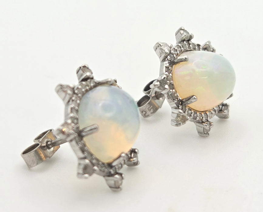 2245 Vintage Silver Two Opals (5.6ct) 76 Natural Diamonds (0.77ct) Stud Earrings